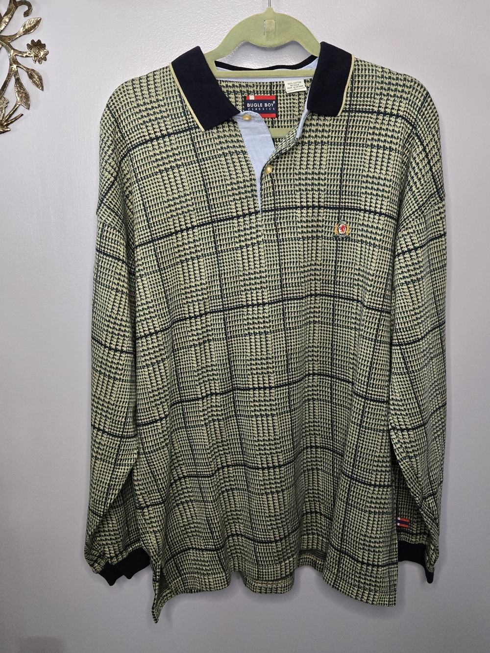Vintage Bugle Boy Classics Long Sleeve Polo Cream Green Navy XL 100% Cotton - Picture 15 of 16